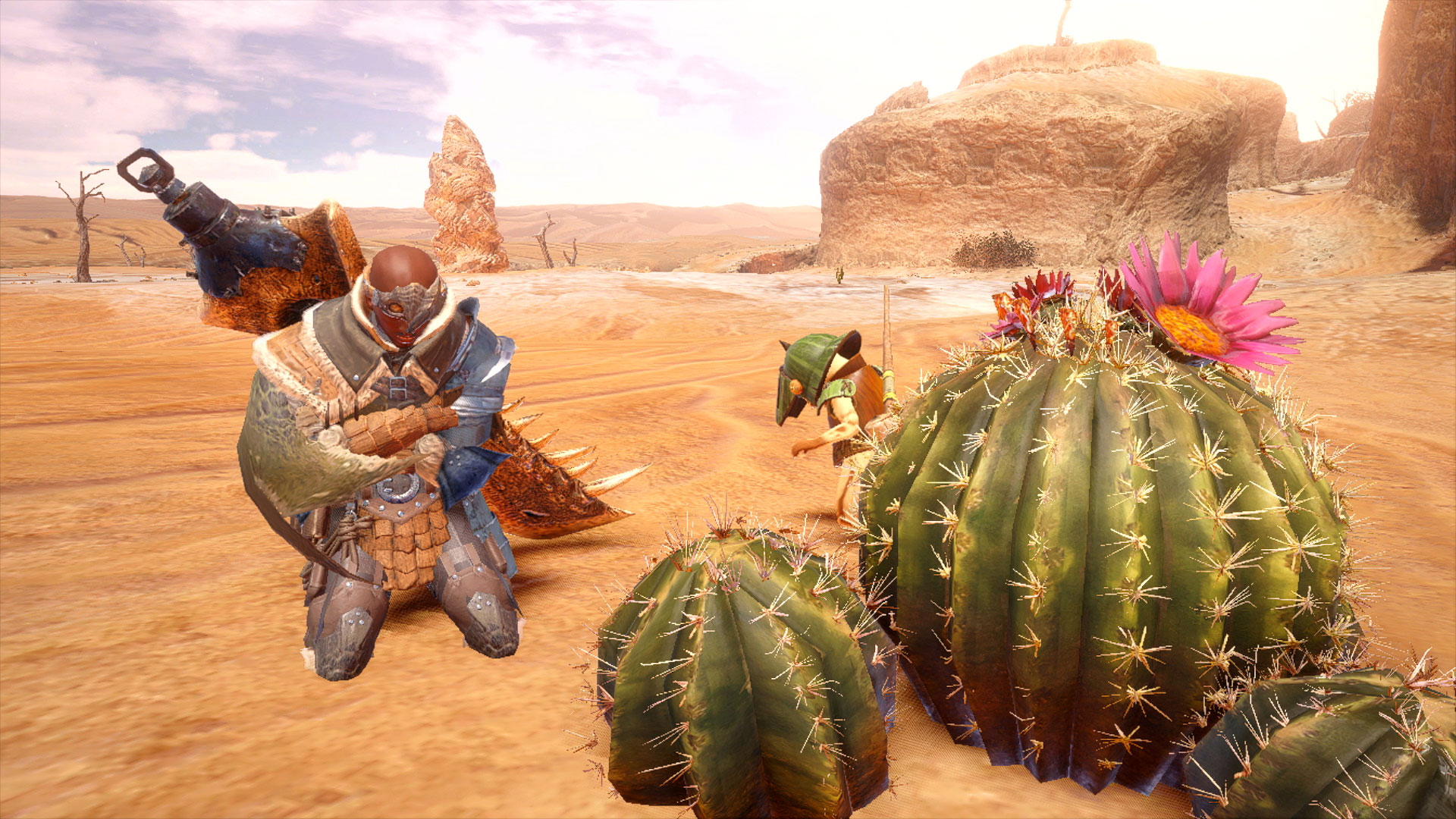 Monster hunter diablos battling with a warrior in the desert